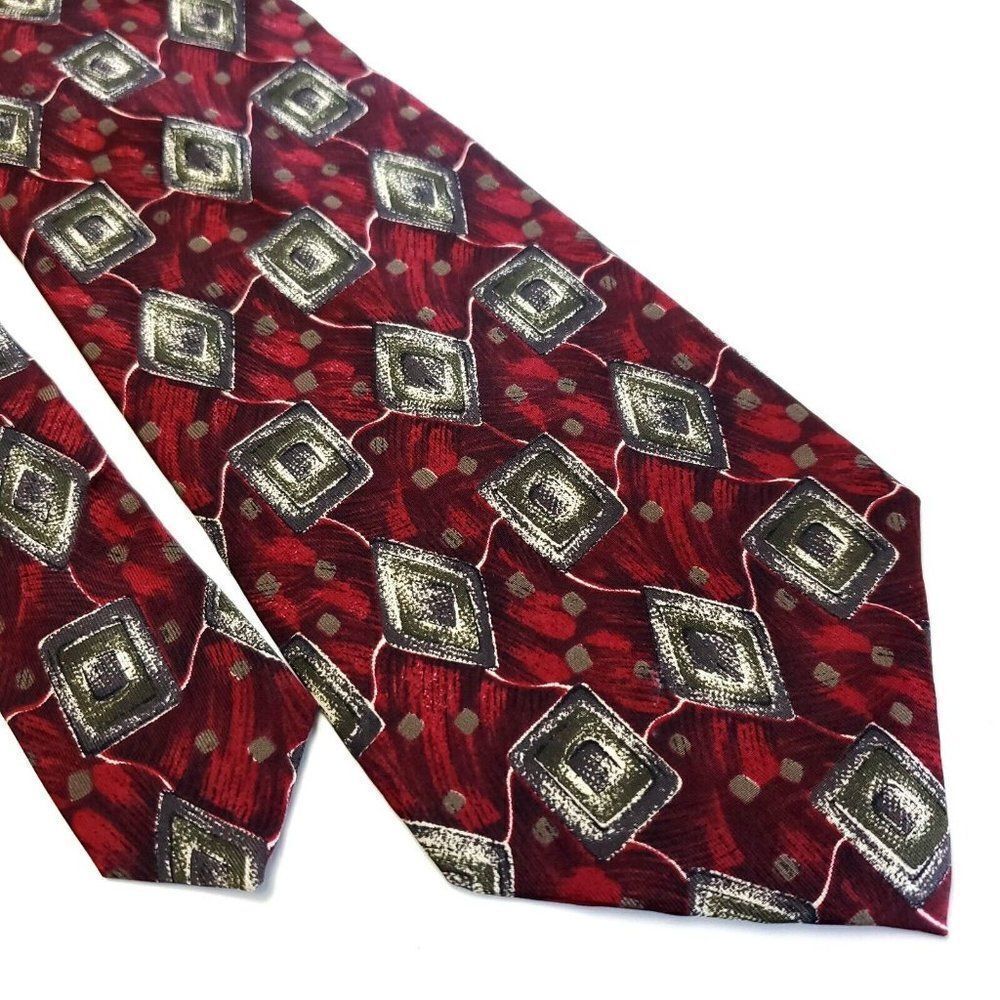 Henry Grethel Red Tan Abstract Print Short Wide Silk Tie